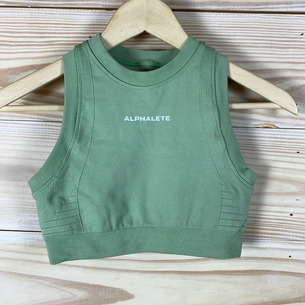 Alphalete Crop Top Women S Green Seamless High Neck Racerback Athletic‎ Tank